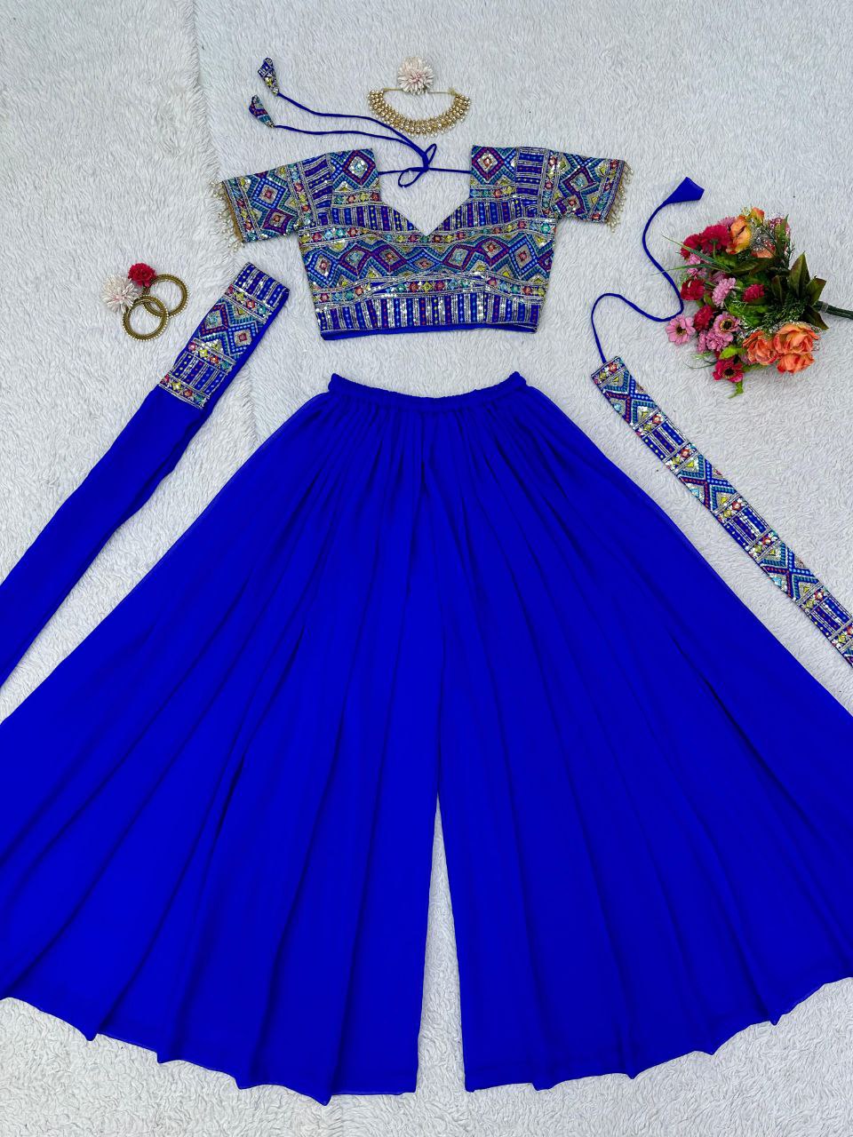 Exclusive For Wedding Season Blue Choli Plazzo With 3MM Sequnce Work On Faux Georgette Fabric