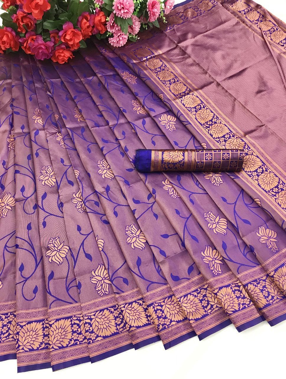 "Elegance woven in every thread, embrace grace with our soft silk golden jari designs."