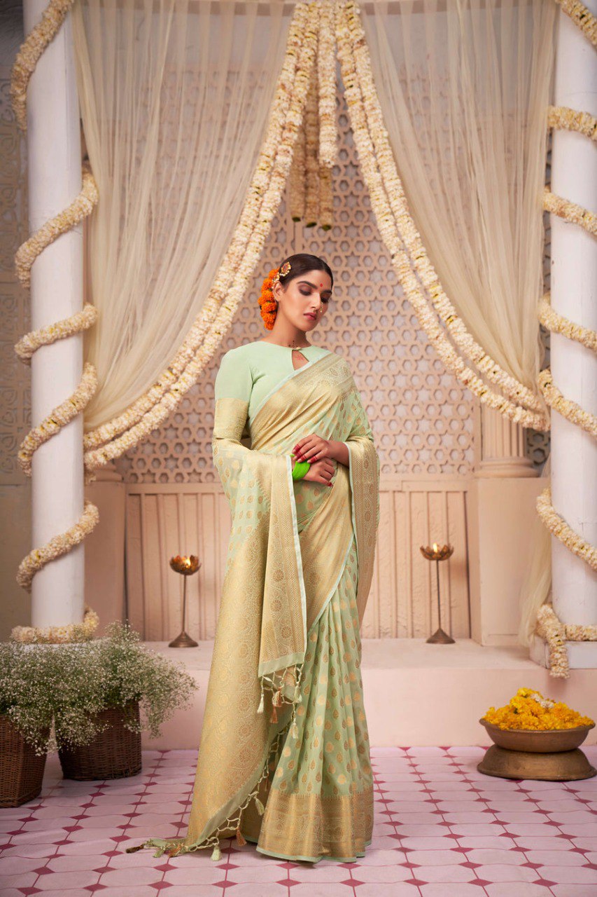 "Elegance woven in every thread, Banarasi Soft Silk Saree."