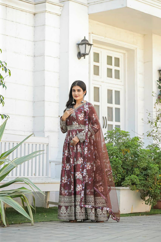 Designer Real Modeling Party Wear Look Pure Chinon Silk Gown With Bottom & Dupatta Set