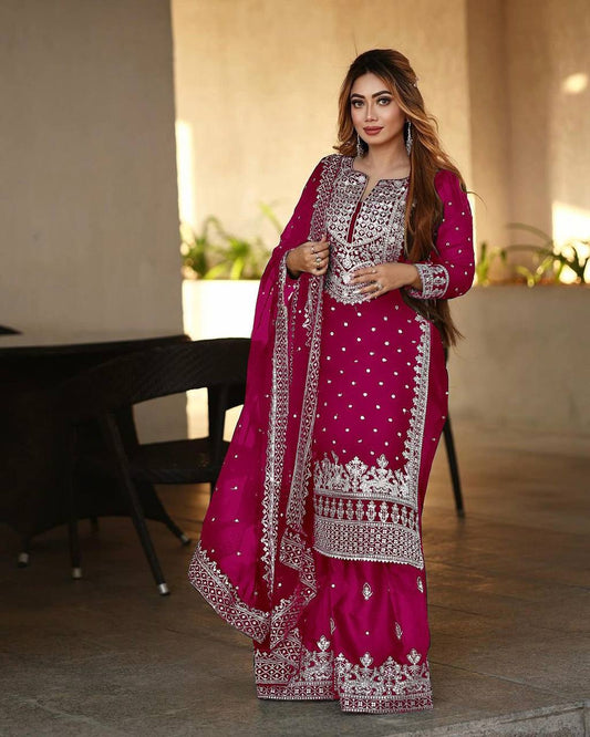 "Elevate your style with our intricately designed heavy embroidery sequence work top, gharara, and dupatta sets. Shop now for a touch of glamour and tradition."