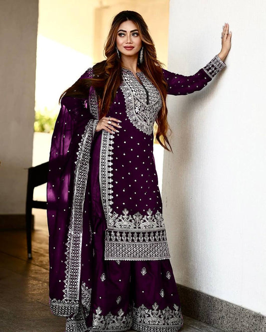 "Elevate your style with intricate details. Explore our stunning collection of heavy embroidery sequence work top, gharara, and dupatta sets online."