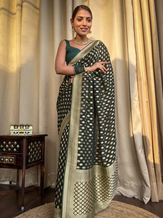 "Wrap yourself in elegance with our timeless Banarasi silk sarees, now available online for the modern woman."