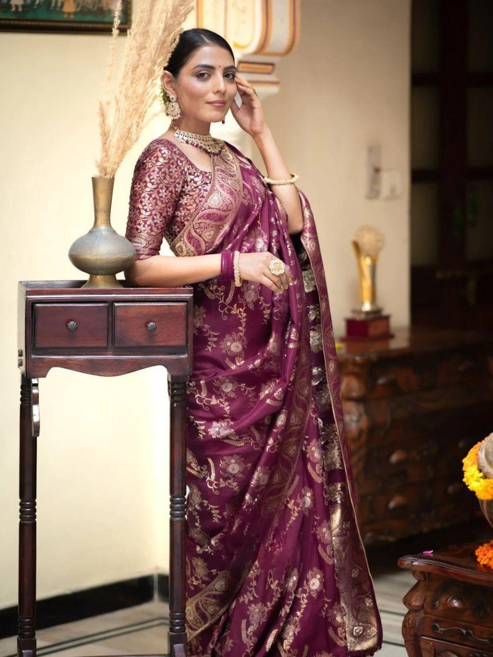 "Wrap yourself in elegance, grace, and tradition with our timeless Banarasi silk sarees."