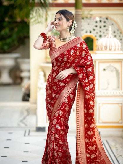 "Elegance woven in every thread, embrace the allure of Banarasi Shoft silk."