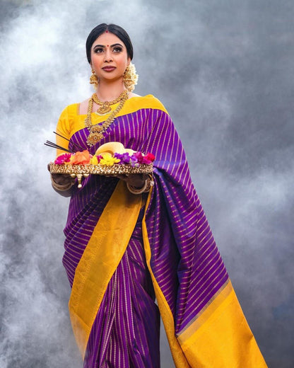 "Soft silk, gleaming copper, a touch of tradition; embrace elegance with our Jari saree."