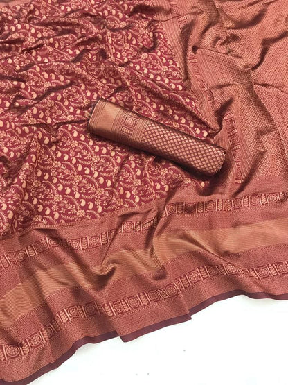 "Radiant Elegance: Drape Yourself in Soft Silk and Copper Jari."