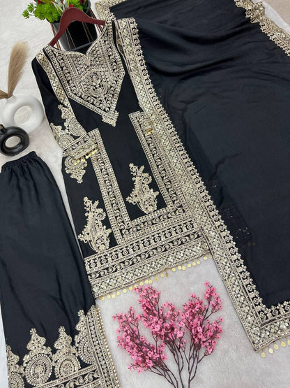 Pure Chinnon Silk With Heavy Embroidery Work Top Plazzo and Dupatta