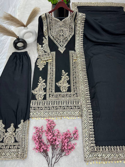 Pure Chinnon Silk With Heavy Embroidery Work Top Plazzo and Dupatta