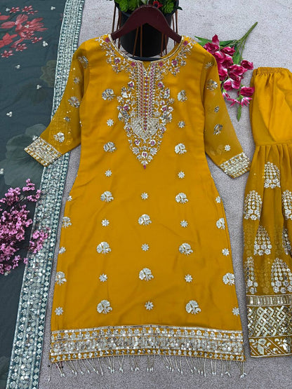 Pure Heavy Chinnon Silk With Embroidery Work Top Plazo and Dupatta Set