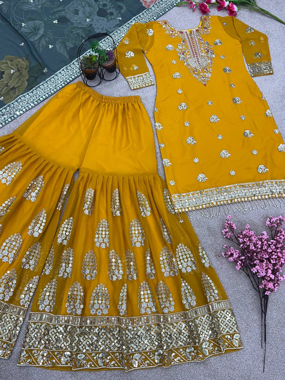 Pure Heavy Chinnon Silk With Embroidery Work Top Plazo and Dupatta Set