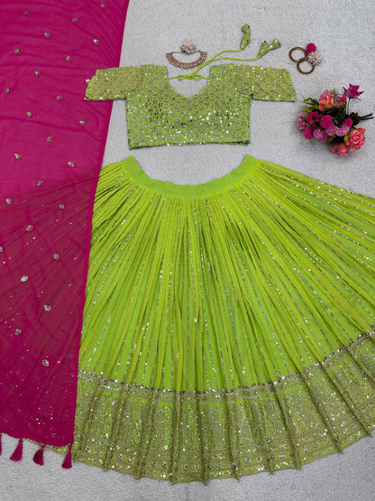 "Embrace elegance in every twirl, with Foux Georgette Lehenga Choli – where tradition meets sophistication."