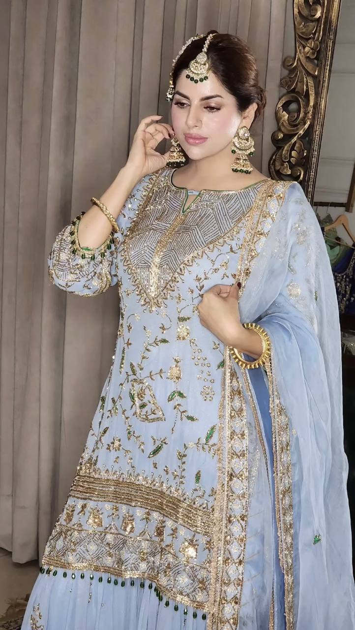 Heavy Embroidery And 5mm Sequins Work Top - Sharara With Dupatta