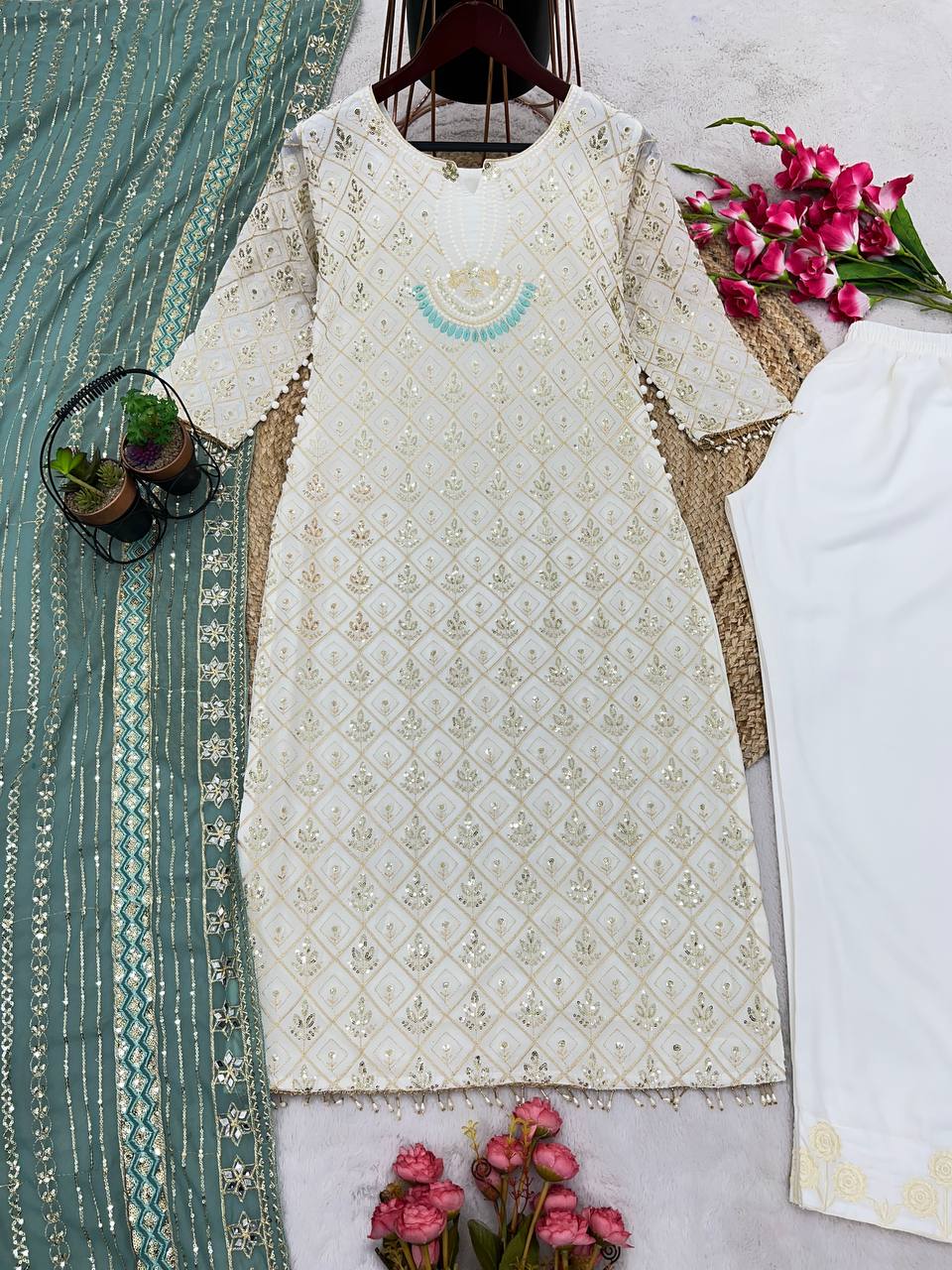 Festival Collection With Faux Georgette And Heavy Embroidery Sequence Work Top-Bottom And Dupatta Set