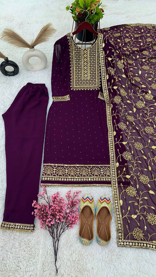 Faux Georgette And Heavy Embroidery Sequence Work Top-Bottom And Dupatta Set
