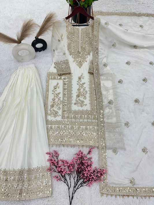 Pure Chinnon With Heavy Embroidery Coding Dori-Sequence Work Top-Bottom And Dupatta Set