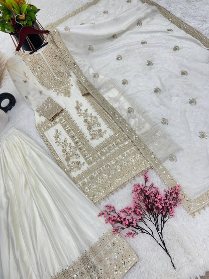 Pure Chinnon With Heavy Embroidery Coding Dori-Sequence Work Top-Bottom And Dupatta Set