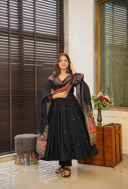 Pure Chinnon With Embroidery Work Gown-Plazzo And Dupatta Set