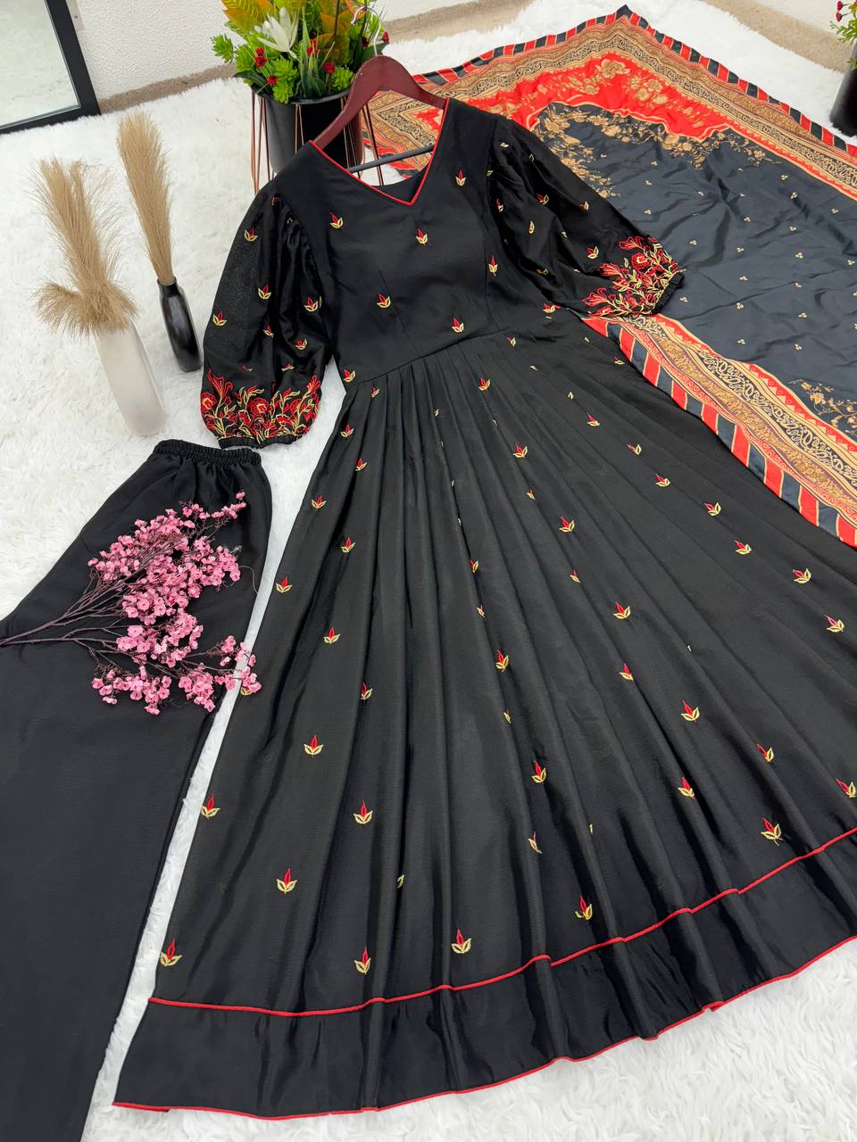 Pure Chinnon With Embroidery Work Gown-Plazzo And Dupatta Set