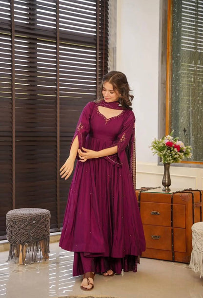 Pure Chinnon With Embroidery Sequence Work Gown-Plazzo And Dupatta Set