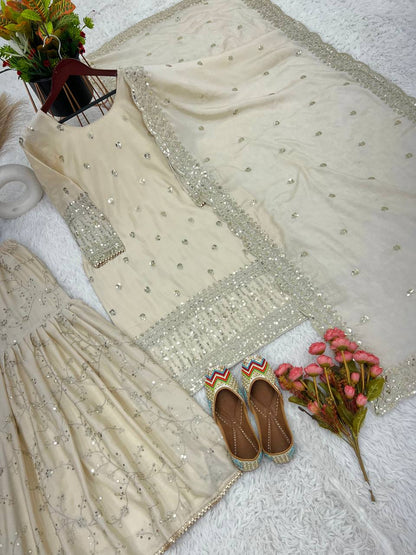 Pure Chinnon With Heavy Embroidery Sequence Work Top-Bottom And Dupatta Set