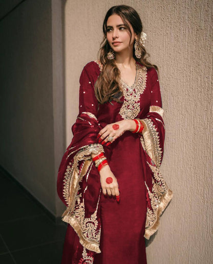 "Elevate your style, from head to toe, with the perfect trio: top, bottom, and dupatta flow."