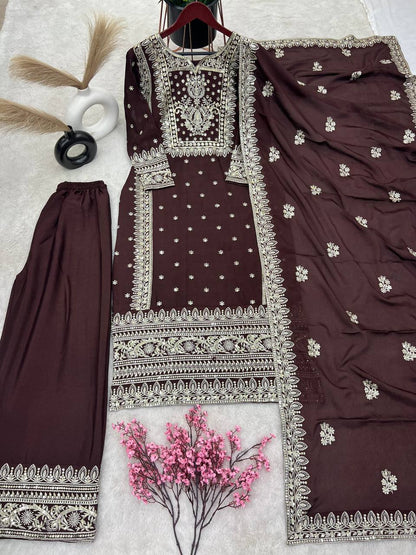 Pure Chinnon Silk And Heavy Embroidery Sequence Work Top-Bottom And Dupatta Set