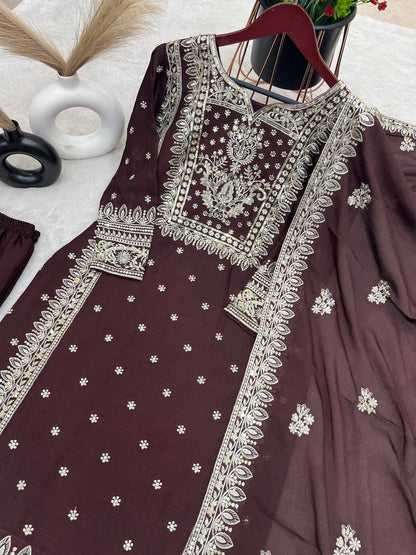 Pure Chinnon Silk And Heavy Embroidery Sequence Work Top-Bottom And Dupatta Set
