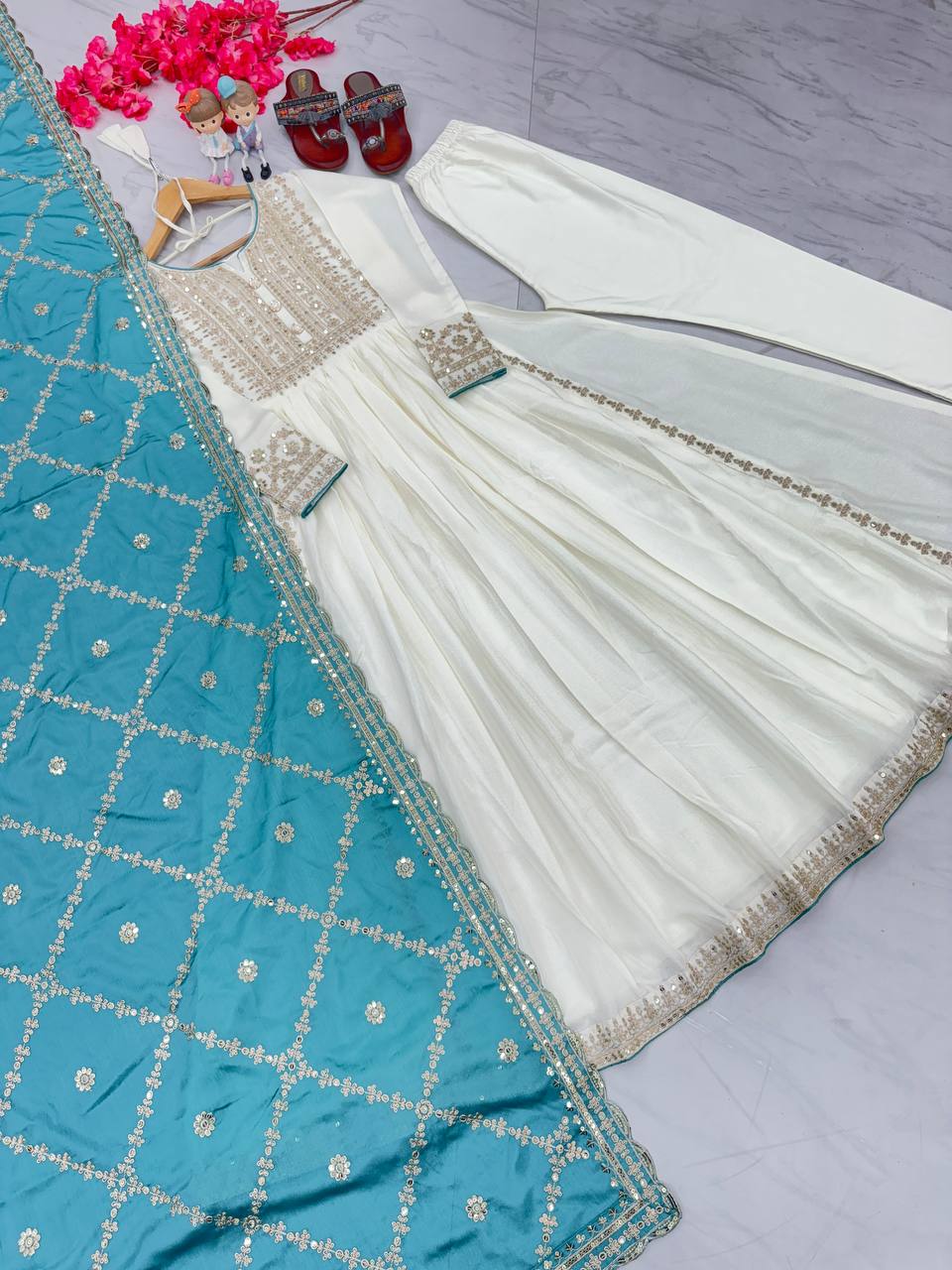 Party Wear Look Pur Chinon Silk Fancy Anarkali Gown,Dupatta & Bottom Set