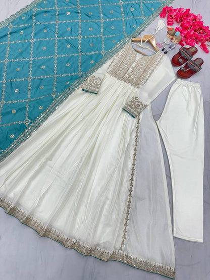 Party Wear Look Pur Chinon Silk Fancy Anarkali Gown,Dupatta & Bottom Set