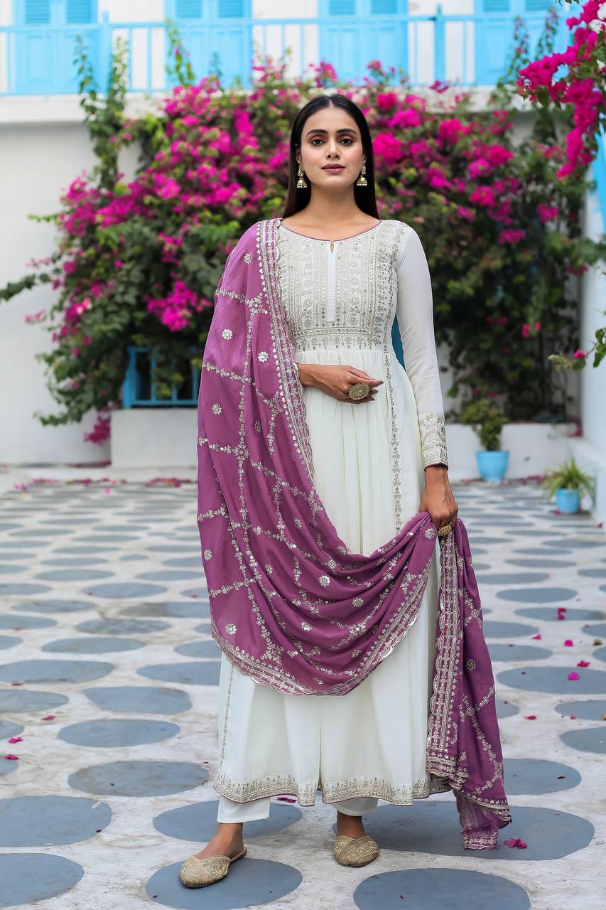 Party Wear Look Pur Chinon Silk Fancy Anarkali Gown,Dupatta & Bottom Set