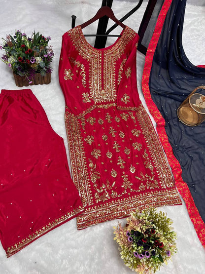 Pure Chinon Silk Beautiful Designe  Heavy Embroidery Sequins Work Kurti - Plazzo With Dupatta Set