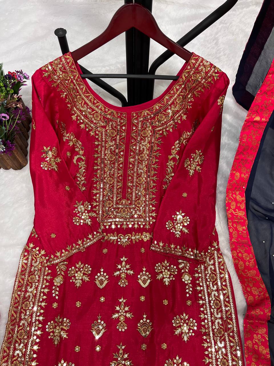 Pure Chinon Silk Beautiful Designe  Heavy Embroidery Sequins Work Kurti - Plazzo With Dupatta Set