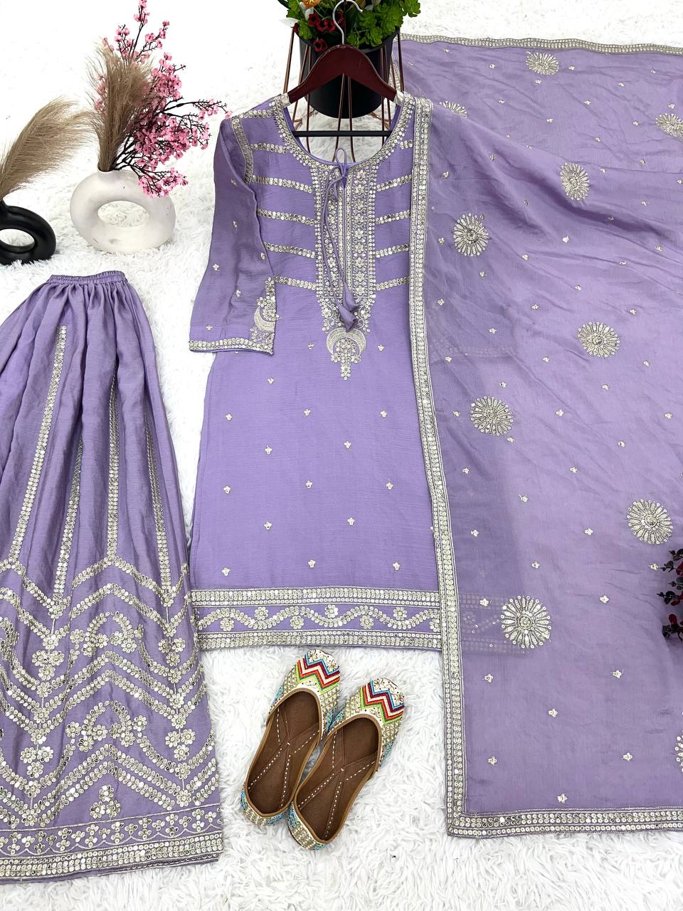 Pure Chinnon Silk And Heavy Embroidery Sequence Work Top-Sharara And Dupatta Set