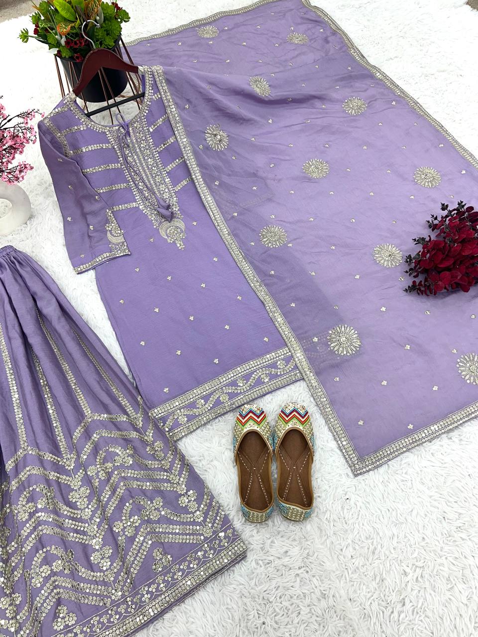 Pure Chinnon Silk And Heavy Embroidery Sequence Work Top-Sharara And Dupatta Set