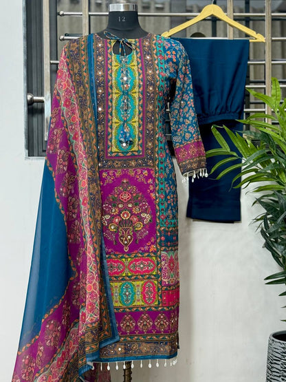 Georgette With Digital Print and Real Mirror Handwork and Diamond Handwork Top-Bottom And Dupatta Set