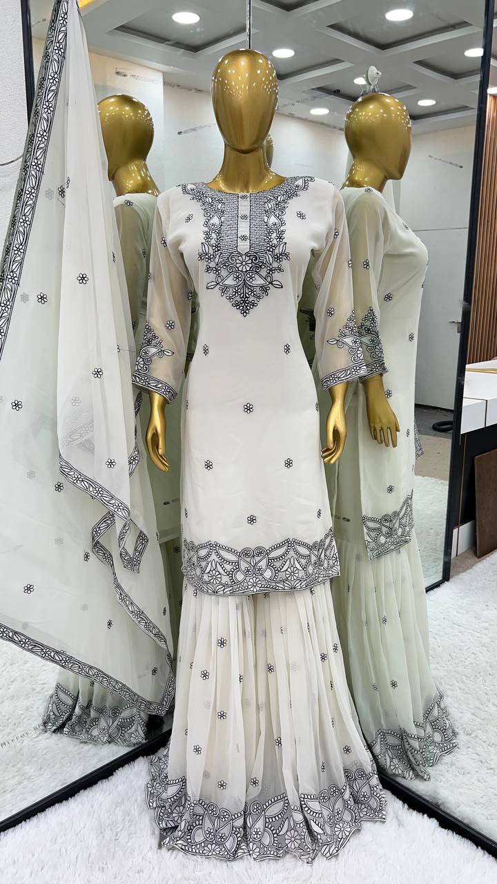 Heavy Faux Georgette With Malty Color Embroidery Work Top Gharara And Dupatta Set