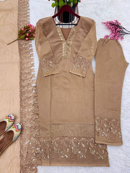 Heavy Chandhery Silk Embroidery Sequence Work Party Wear Top Bottom With Dupatta