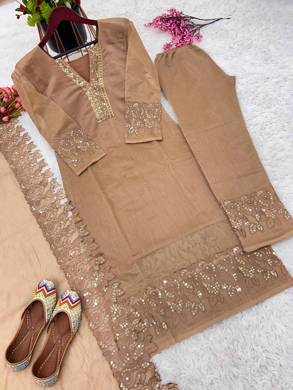 Heavy Chandhery Silk Embroidery Sequence Work Party Wear Top Bottom With Dupatta