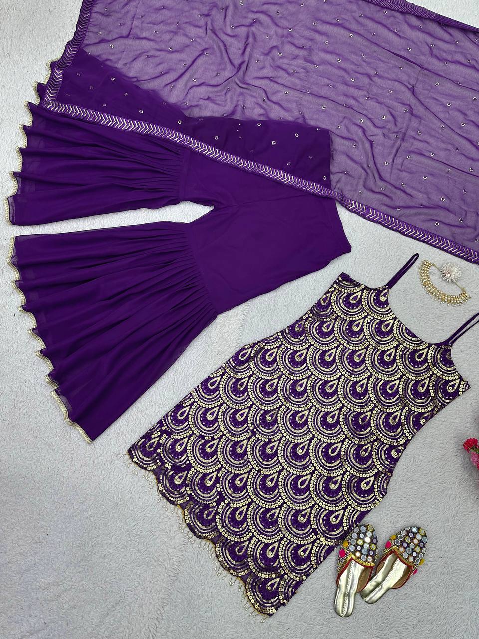 Foux gorgette fancy lace broder Work Top Sharara And Dupata Set