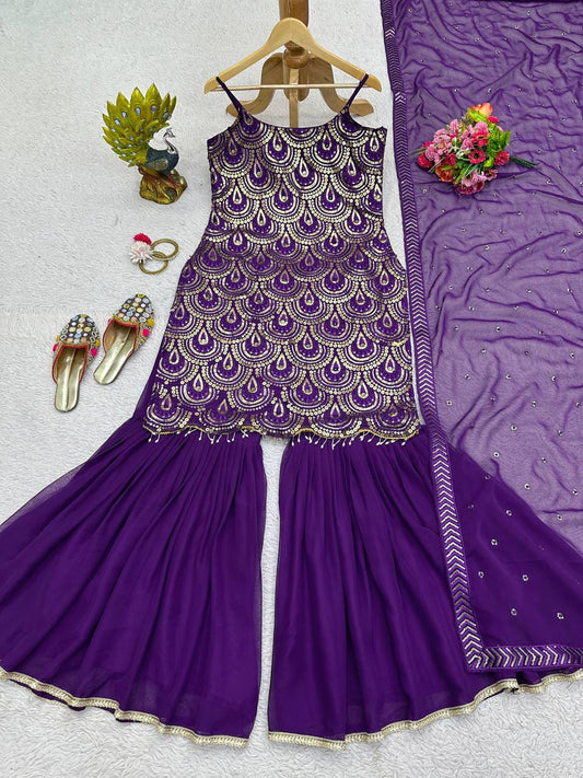 Foux gorgette fancy lace broder Work Top Sharara And Dupata Set
