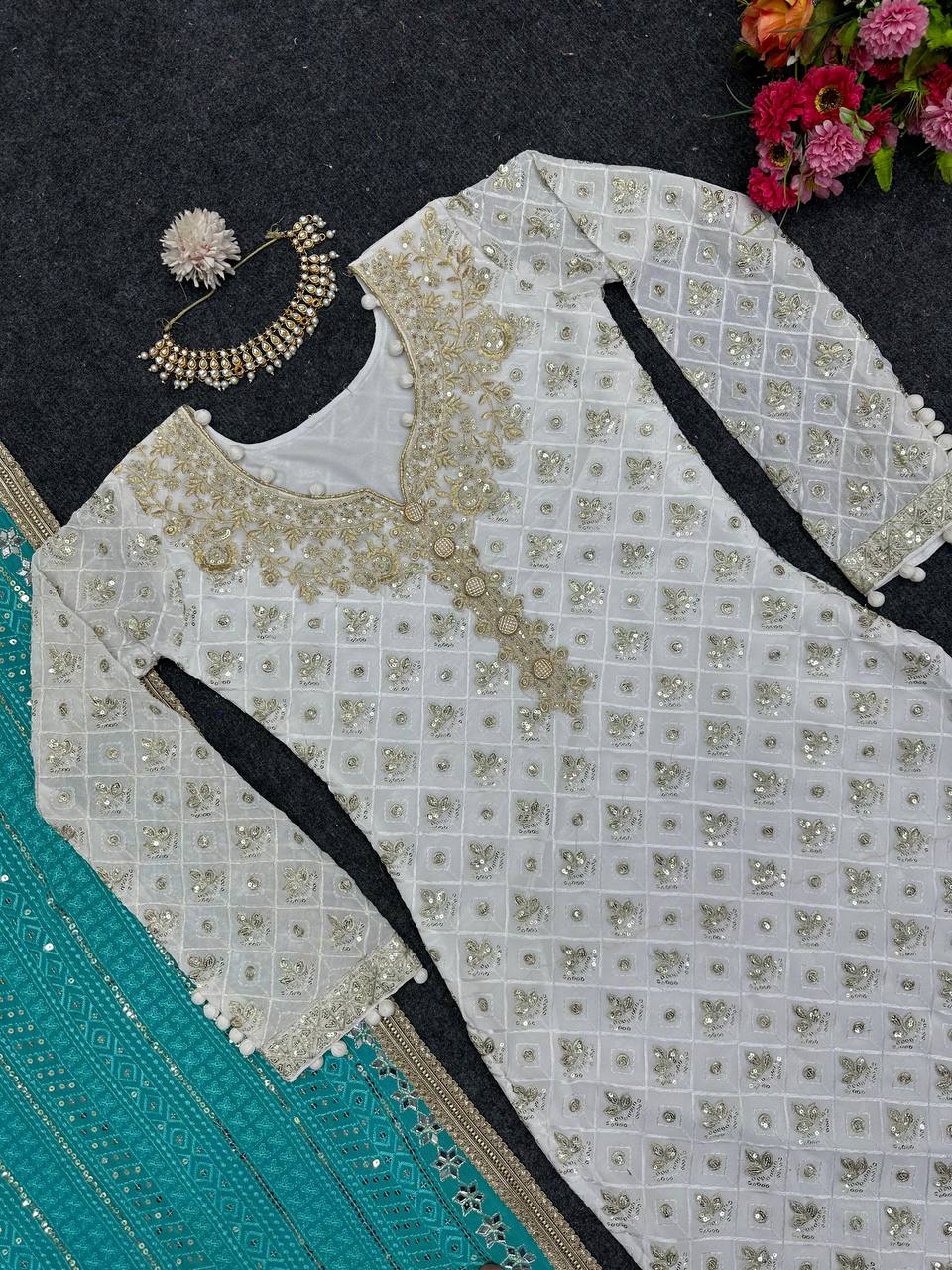 Foux Gorgette Thread And Sequence Work Top Pant And Dupatta Set