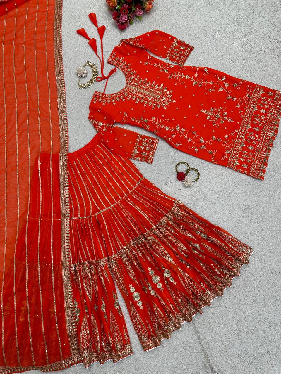 Foux gorgette Thread with Sequnce Work Top Sharara And Dupatta Set