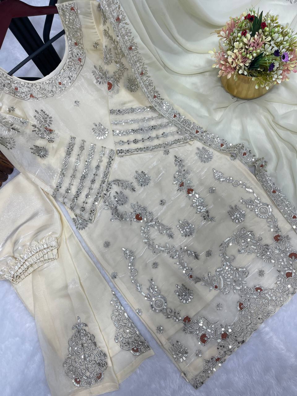 Jimmy choo silk Fancy embroidery sequence work Top Pant And Dupatta Set