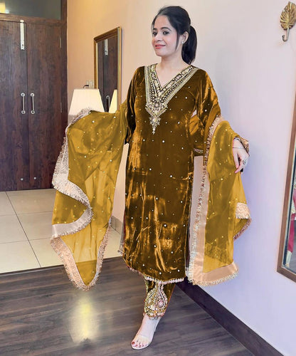 Designer Party Wear Look Heavy Pure Viscose Velvet Top Plazzo & Dupatta Set