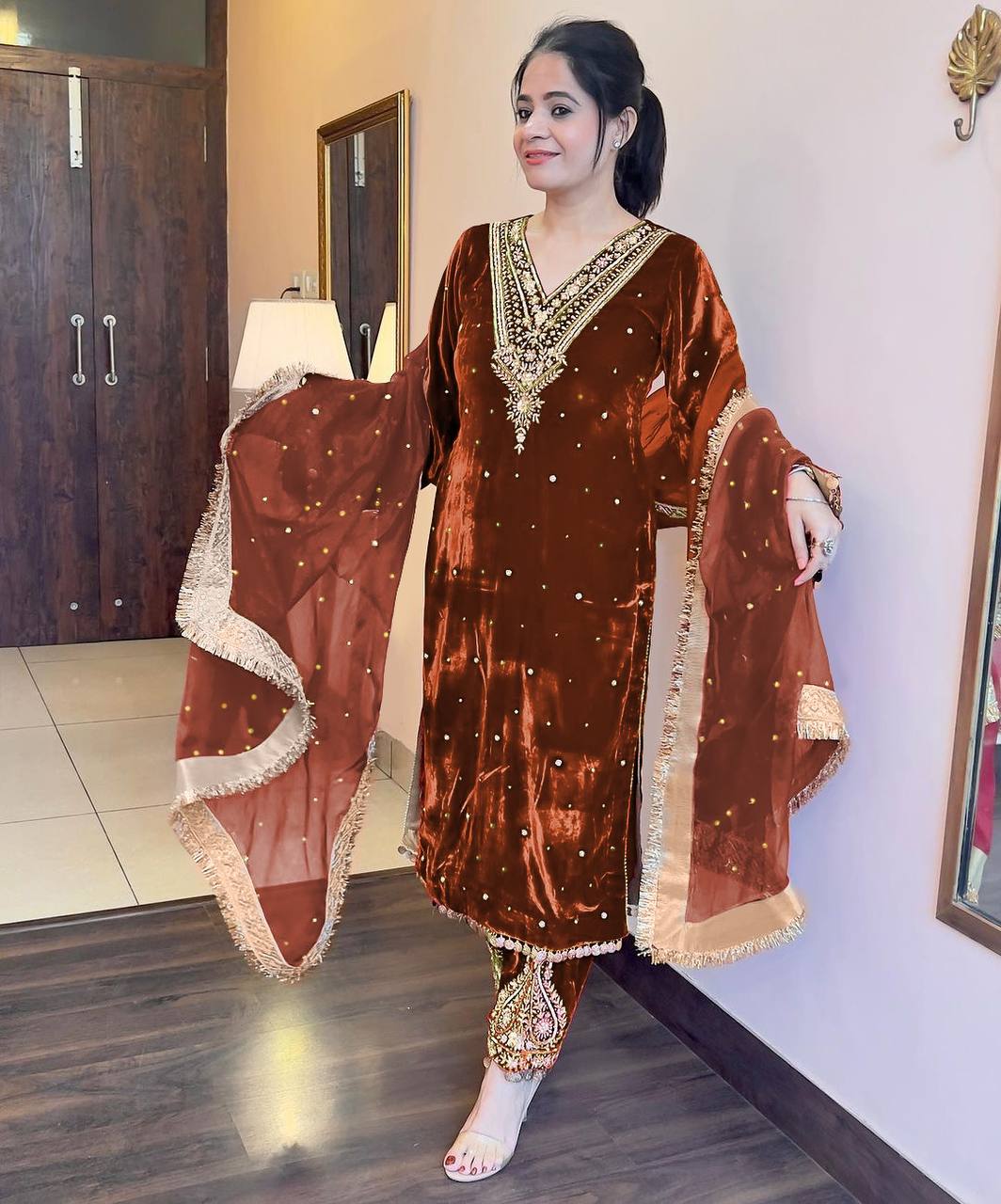 Designer Party Wear Look Heavy Pure Viscose Velvet Top Plazzo & Dupatta Set