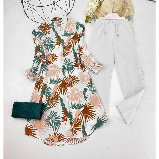 Leaf Pattern Top & Tunic Shirt and pant White