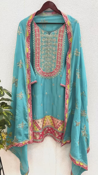 "Chinnon silk top, elegant sharara, and a stunning dupatta – the perfect blend of tradition and style!"
